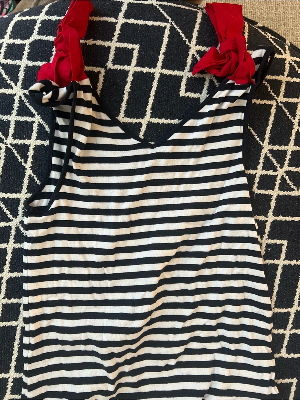 Tommy Hilfiger Black & White Striped V-Neck Tank size medium  navy red white